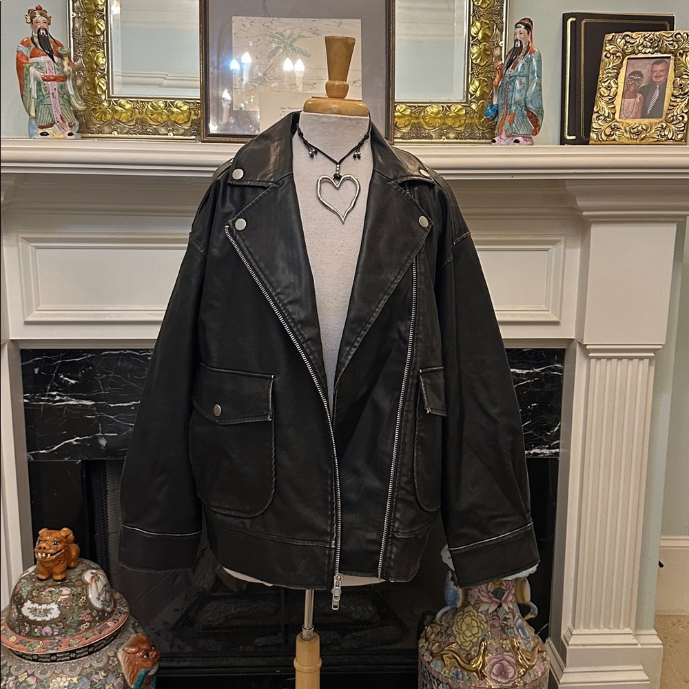 “Future Collective” Distressed Black Vegan Leather Moto Jacket - Picture 4 of 7